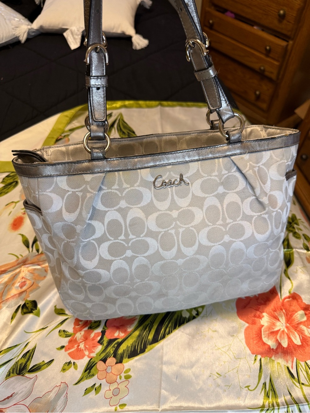 Coach Gallery Signature Metallic Gray Jacquard Tote Bag